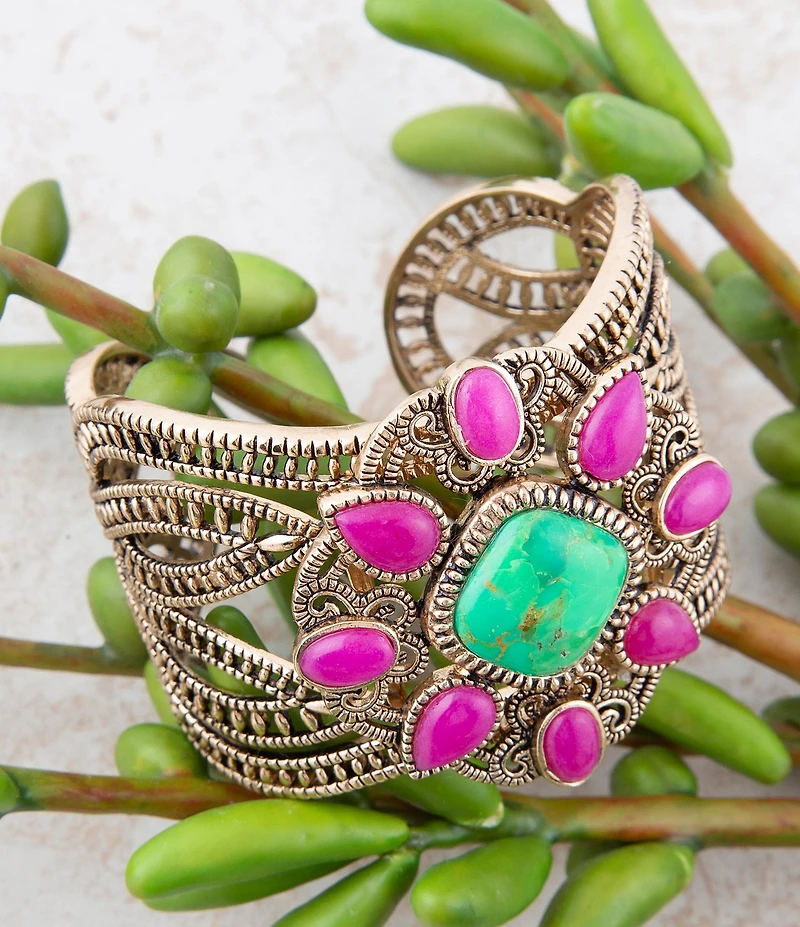 Barse Madeira Lime and Pink Agate Statement Golden Cuff Bracelet