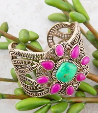 Barse Madeira Lime and Pink Agate Statement Golden Cuff Bracelet