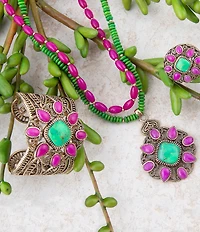Barse Madeira Lime and Pink Agate Statement Golden Cuff Bracelet