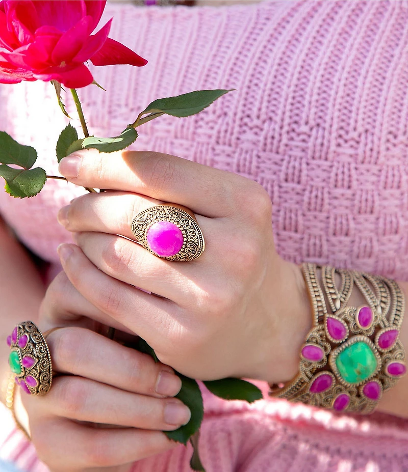 Barse Madeira Lime and Pink Agate Statement Golden Cuff Bracelet
