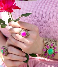Barse Madeira Lime and Pink Agate Statement Golden Cuff Bracelet