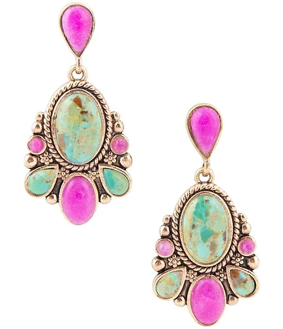 Barse Barcelona Blue Turquoise and Pink Agate Golden Drop Earrings