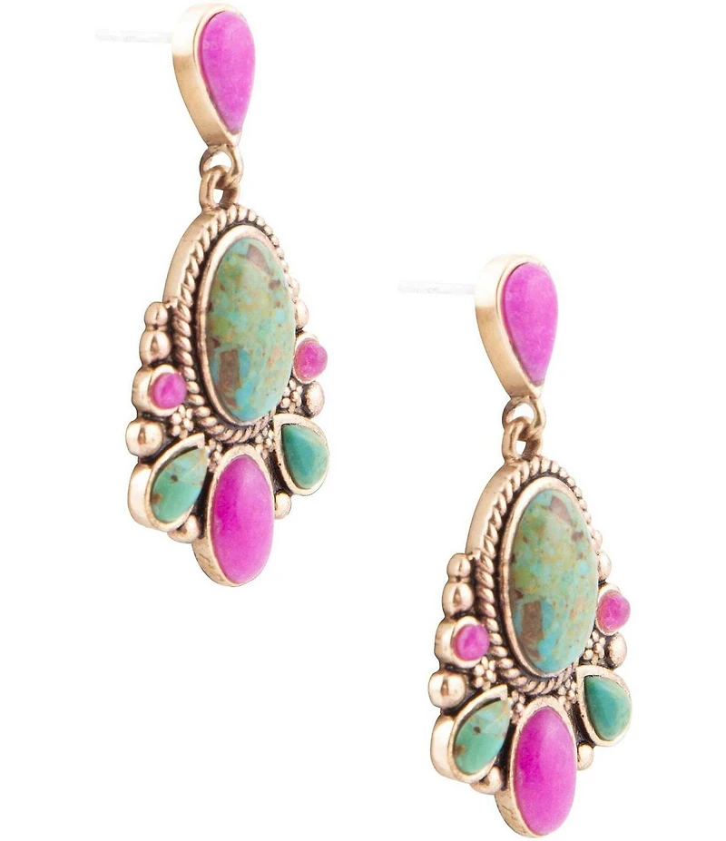 Barse Barcelona Blue Turquoise and Pink Agate Golden Drop Earrings