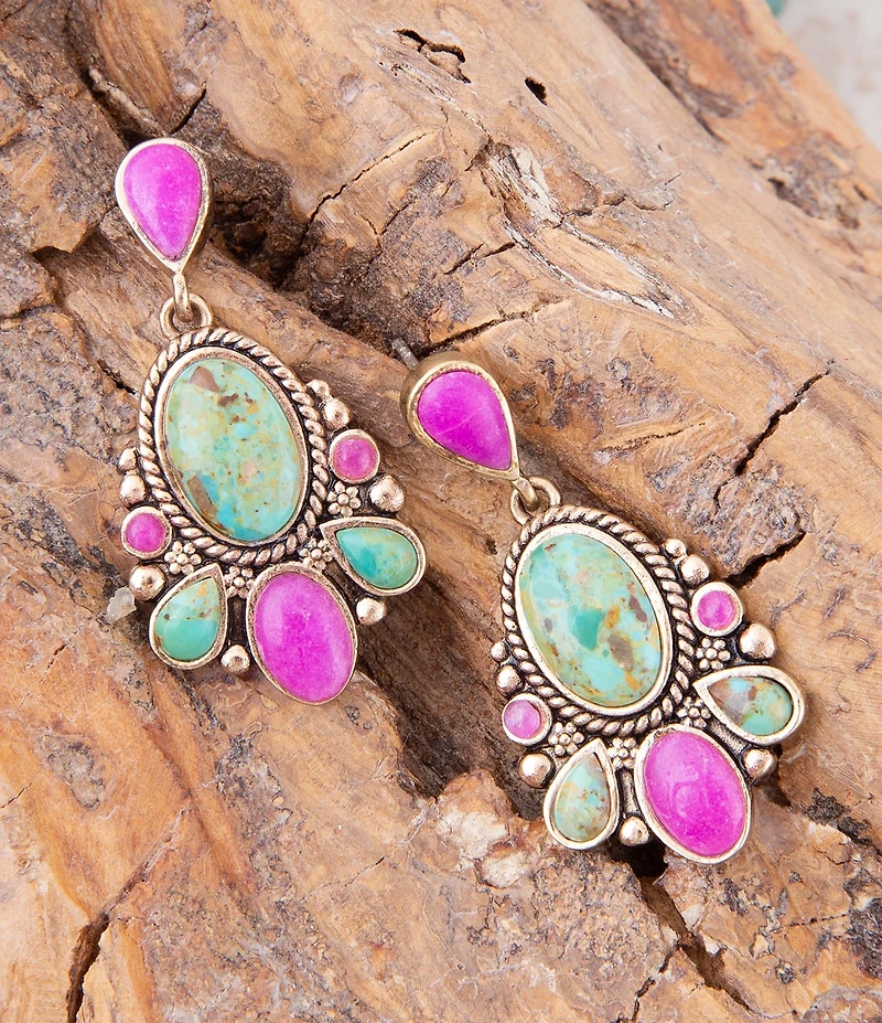 Barse Barcelona Blue Turquoise and Pink Agate Golden Drop Earrings