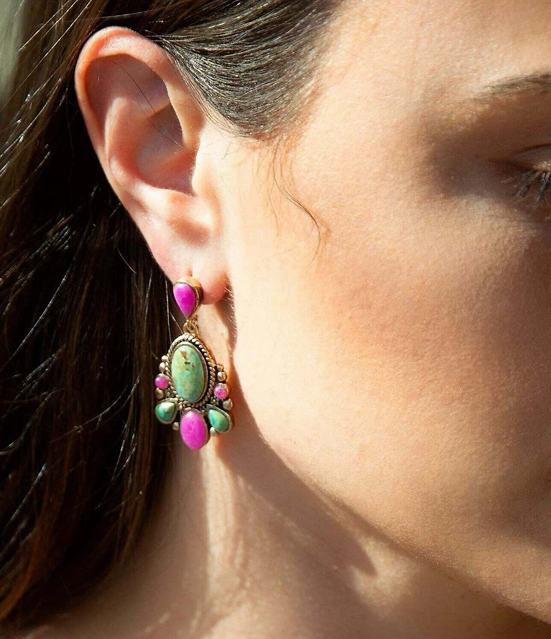 Barse Barcelona Blue Turquoise and Pink Agate Golden Drop Earrings
