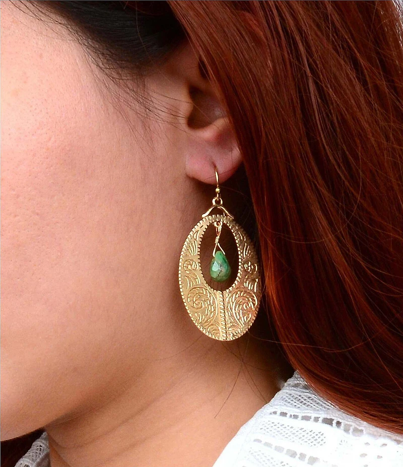 Barse Bronze and Genuine Stone Tooled Orbital Orbital Drop Earrings