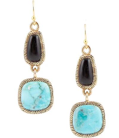 Barse Black Onyx and Blue Turquoise Golden Bronze Drop Earrings