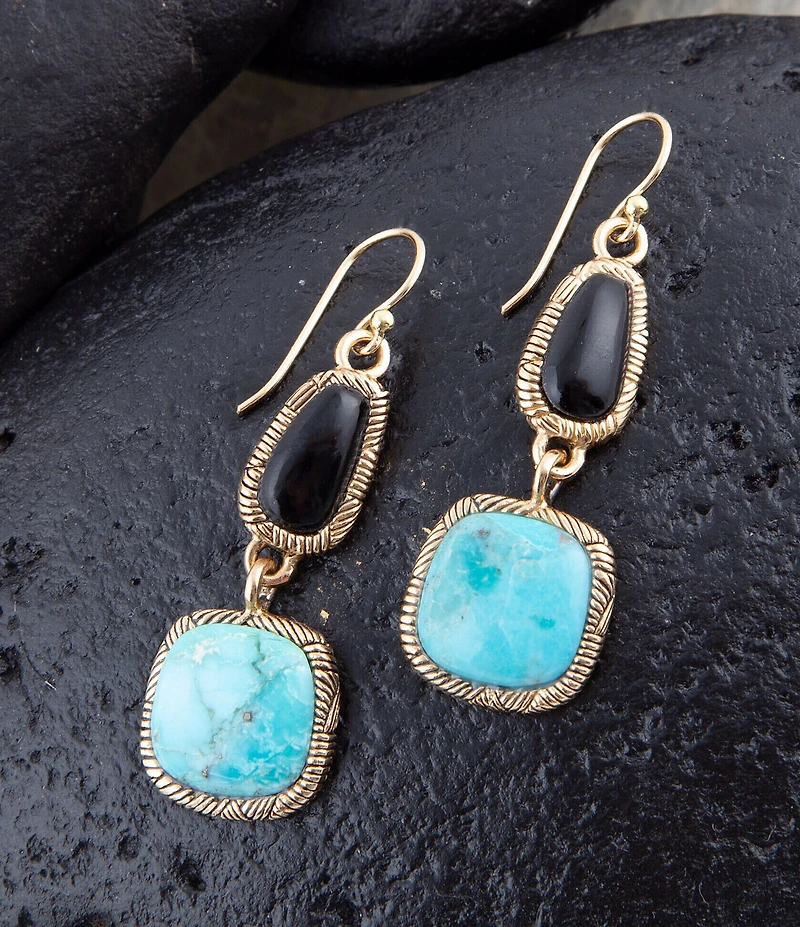 Barse Black Onyx and Blue Turquoise Golden Bronze Drop Earrings