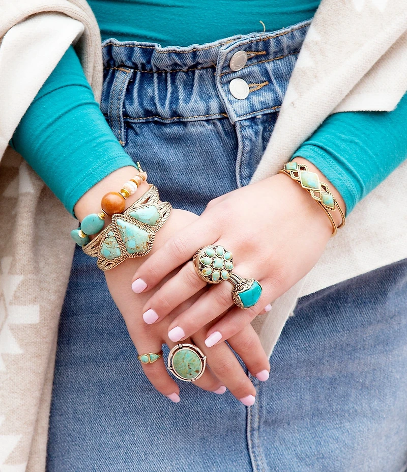 Barse Blue Turquoise Shape Golden Bronze Ring