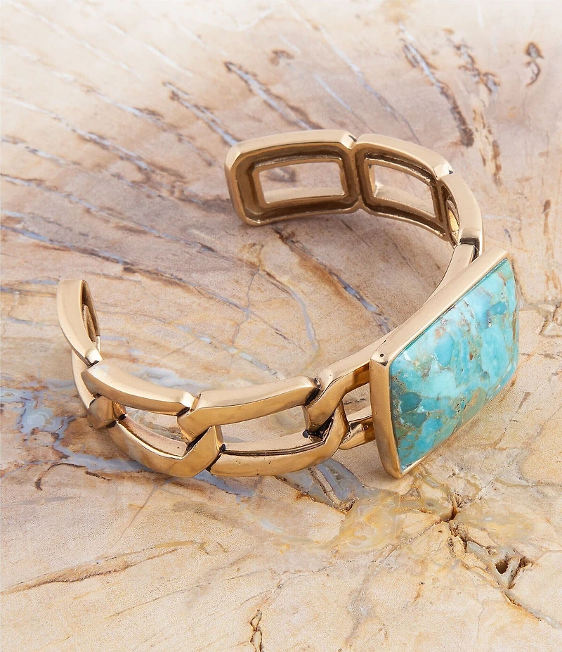 Barse Athena Blue Turquoise Golden Chain Cuff Bracelet