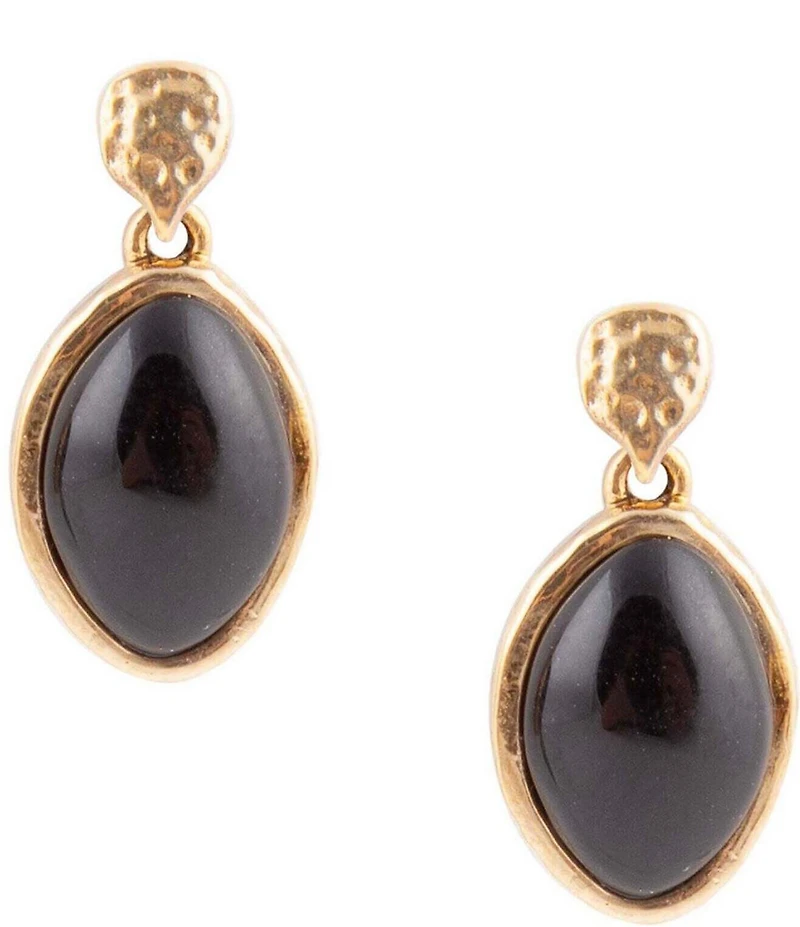 Barse Black Onyx Hammered Post Drop Golden Earrings