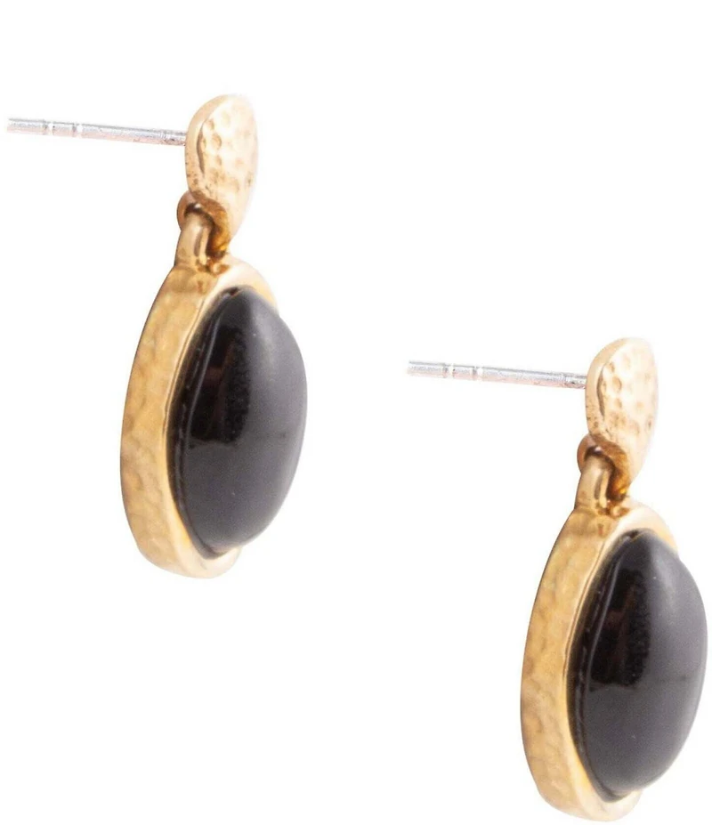 Barse Black Onyx Hammered Post Drop Golden Earrings