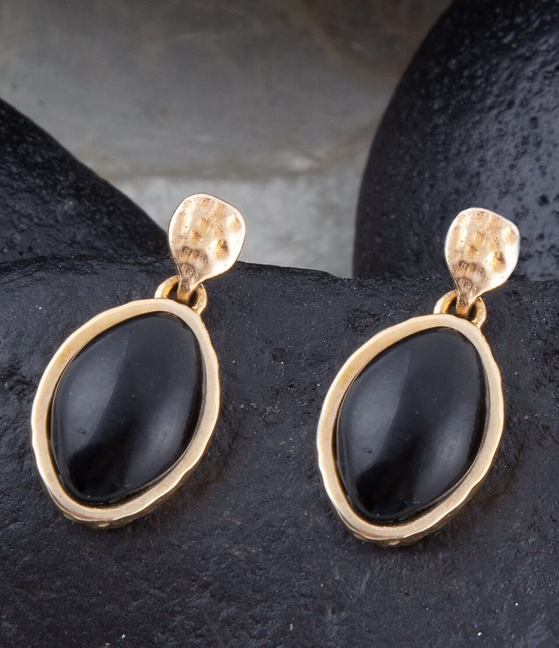 Barse Black Onyx Hammered Post Drop Golden Earrings