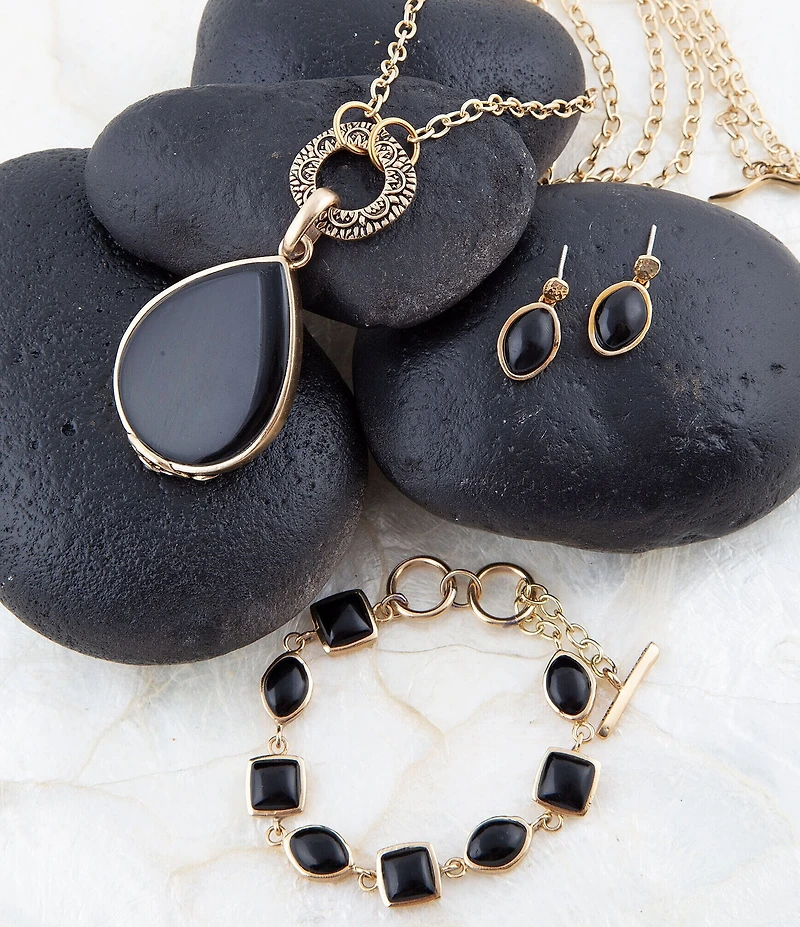 Barse Black Onyx Hammered Post Drop Golden Earrings