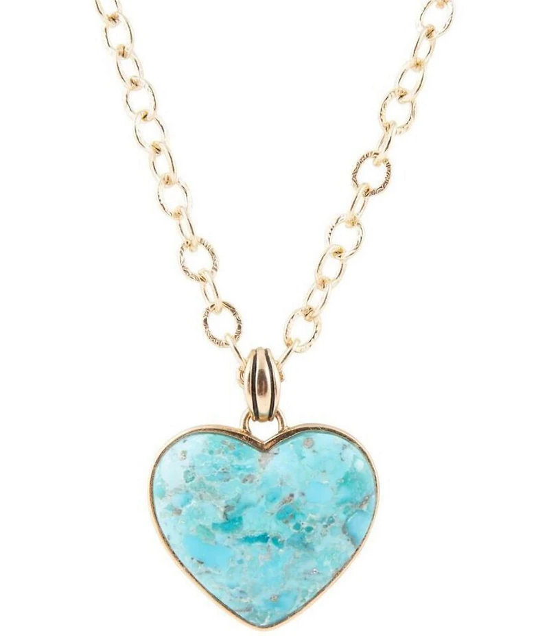 Barse Blue Turquoise Heart Pendant Statement Golden Necklace