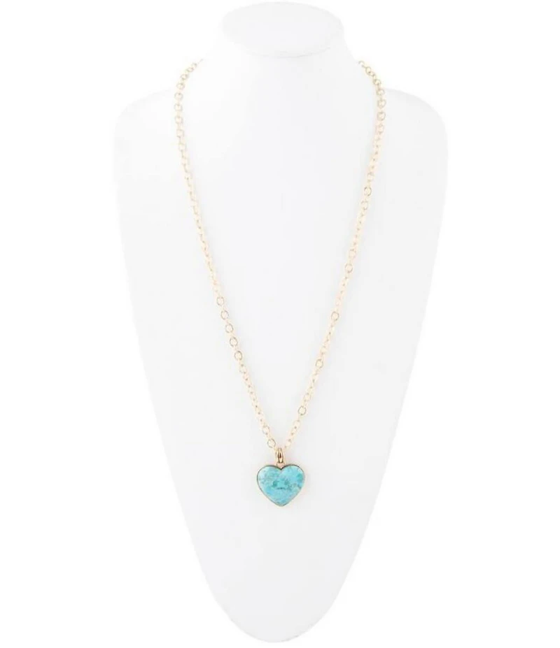 Barse Blue Turquoise Heart Pendant Statement Golden Necklace