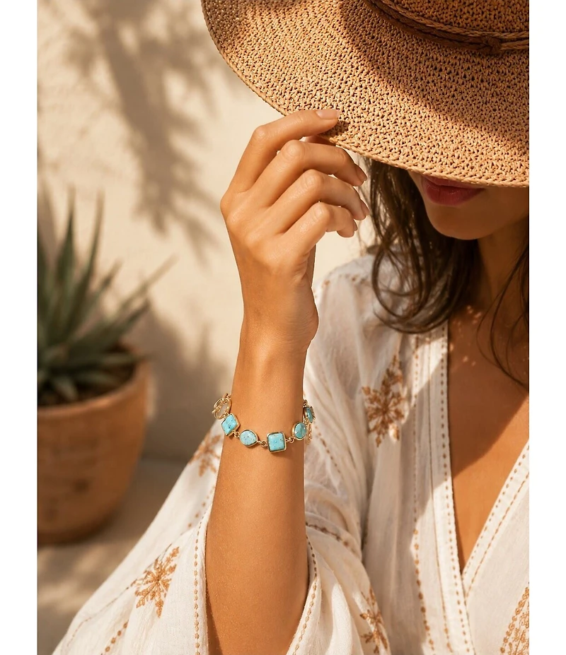 Barse Genuine Blue Turquoise Hammered Golden Link Bracelet