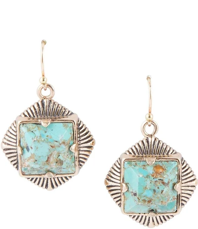 Barse Blue Turquoise Square Stone Golden Drop Earrings