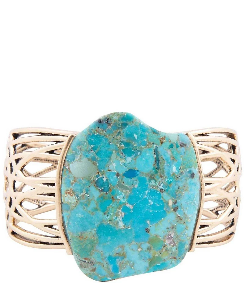 Barse Abstract Blue Turquoise Golden Statement Cuff Bracelet