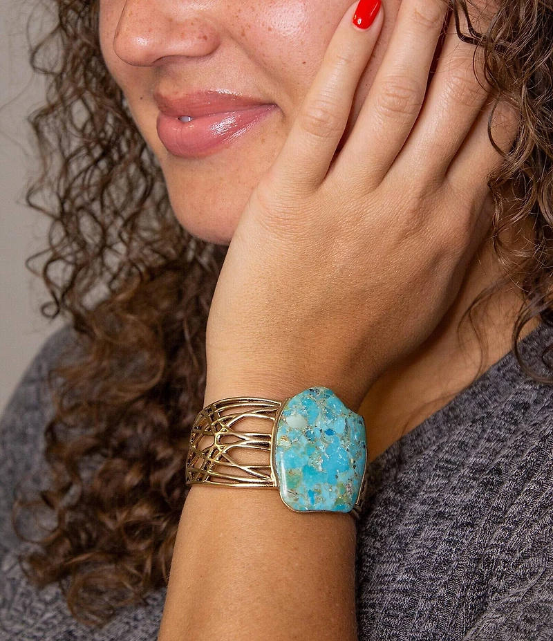 Barse Abstract Blue Turquoise Golden Statement Cuff Bracelet