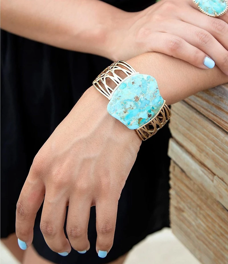 Barse Abstract Blue Turquoise Golden Statement Cuff Bracelet