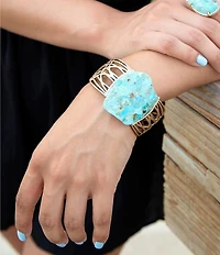Barse Abstract Blue Turquoise Golden Statement Cuff Bracelet