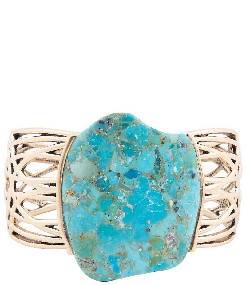 Barse Abstract Blue Turquoise Golden Statement Cuff Bracelet