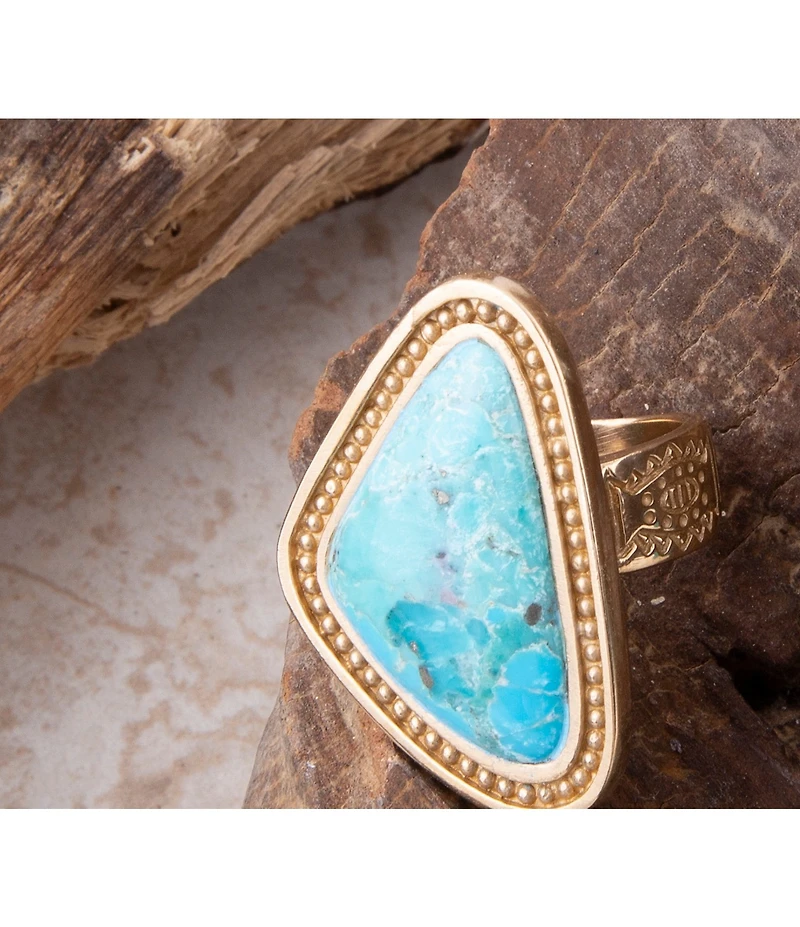 Barse Blue Turquoise Triangle Golden Statement Ring