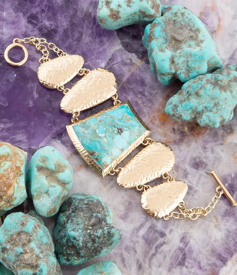Barse Blue Turquoise Jeweled Statement Link Golden Bracelet
