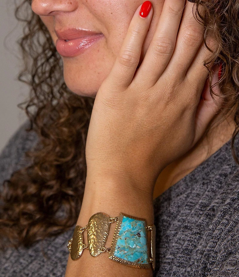 Barse Blue Turquoise Jeweled Statement Link Golden Bracelet