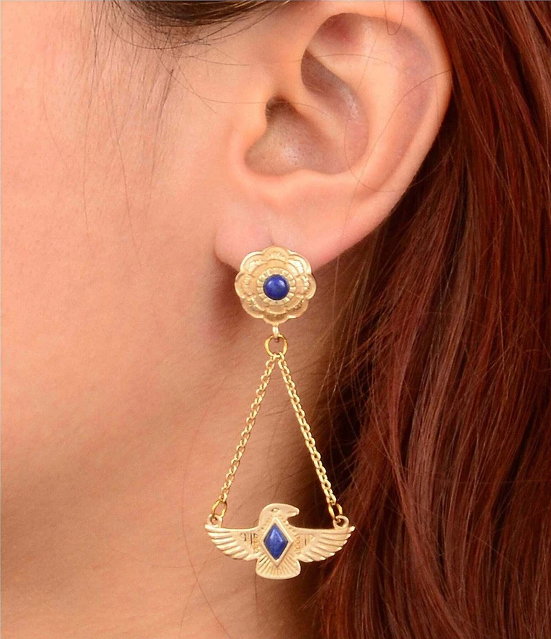 Barse Bronze And Lapis Desert Thunderbird Drop Earrings