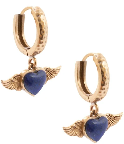 Barse Bronze and Lapis Winged Heart Hoop Earrings