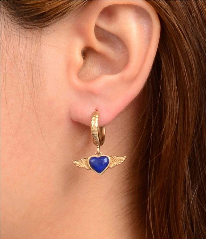 Barse Bronze and Lapis Winged Heart Hoop Earrings