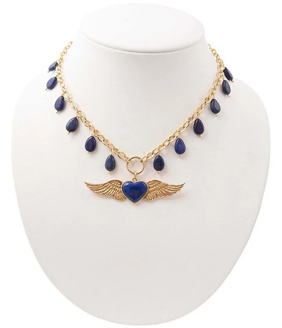 Barse Winged Heart Lapis Short Pendant Necklace