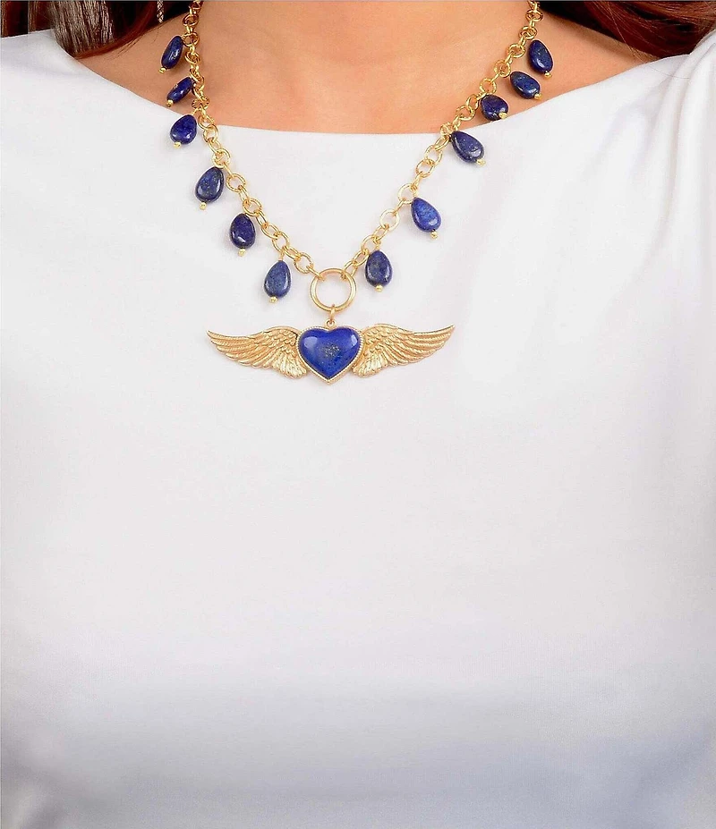 Barse Winged Heart Lapis Short Pendant Necklace