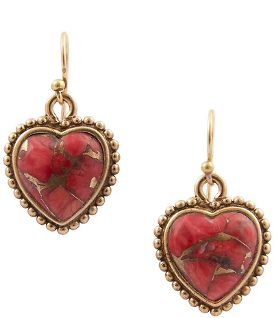 Barse Bronze and Metal Infused Red Magnesite Heart Drop Earrings