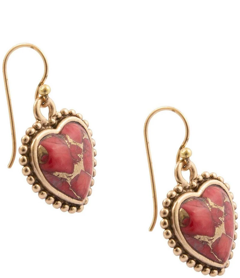 Barse Bronze and Metal Infused Red Magnesite Heart Drop Earrings