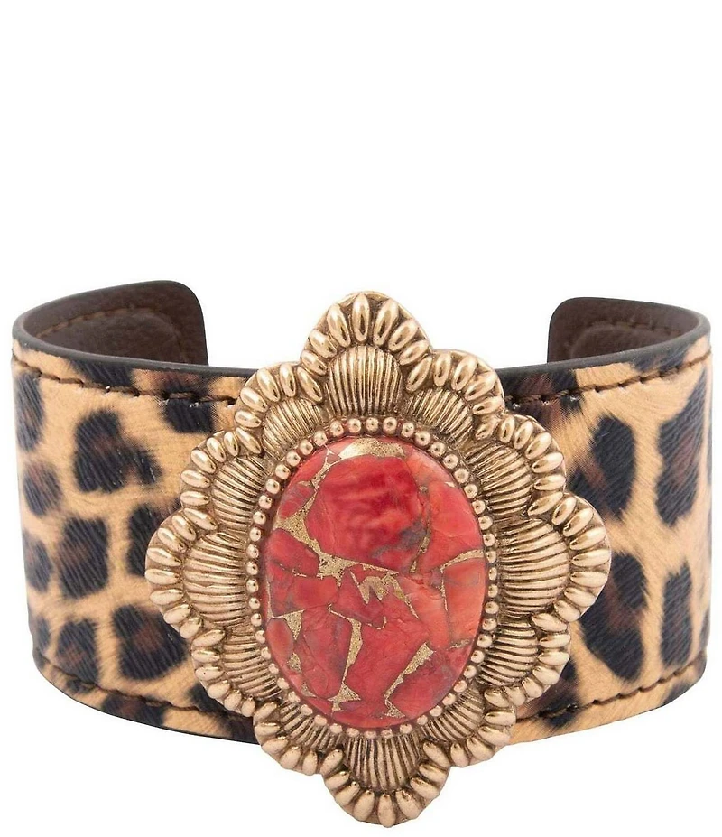 Barse Bronze and Metal Infused Red Magnesite Leopard Cuff Bracelet