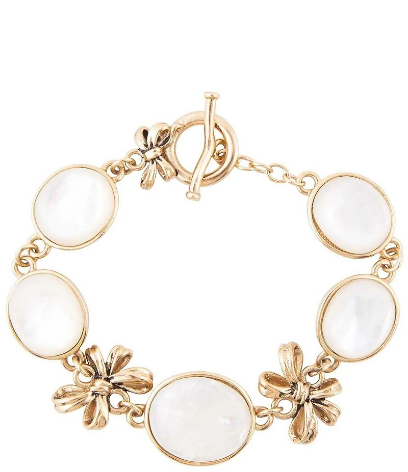 Barse Gifted White Mother of Pearl Golden Bow Link Bracelet