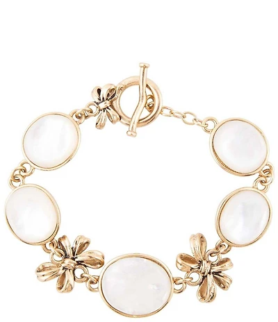 Barse Gifted White Mother of Pearl Golden Bow Link Bracelet