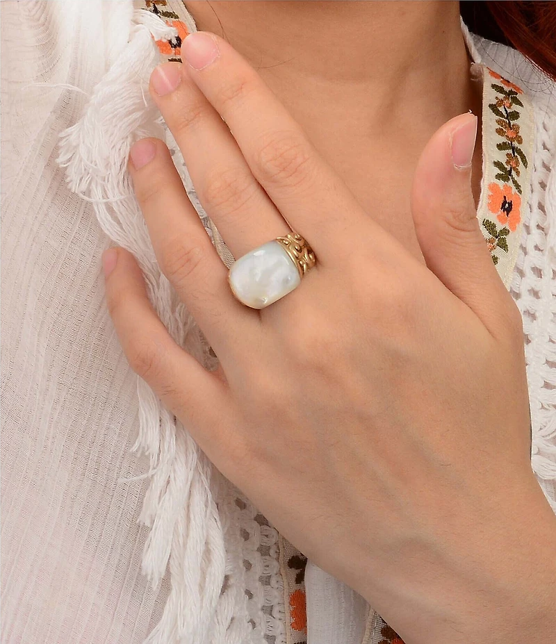 Barse Bronze and Mother Of Pearl Moonlace Statement Ring