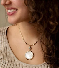 Barse White Mother of Pearl Golden Bamboo Statement Pendant Necklace