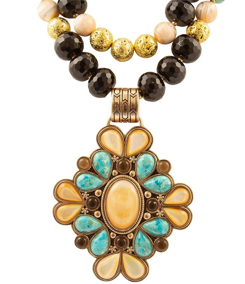 Barse Barcelona Turquoise and Caramel Mother of Pearl Golden Pendant Necklace