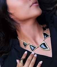 Barse Bronze and Onyx Genuine Stone Statement Frontal Necklace