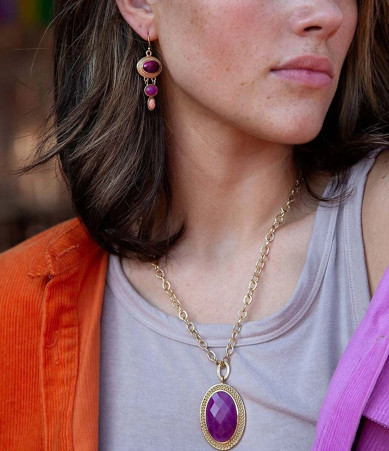 Barse Bronze and Pink Agate Ovation Short Pendant Necklace