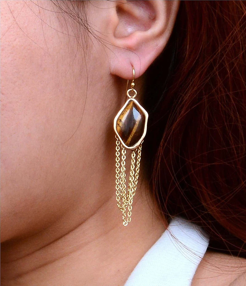 Barse Abstract Brown Tiger's Eye Golden Statement Earrings