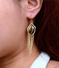 Barse Abstract Brown Tiger's Eye Golden Statement Earrings