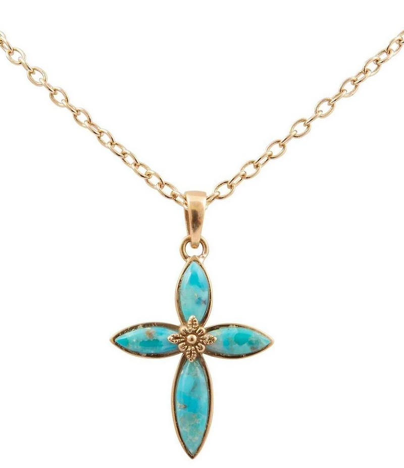 Barse Bronze and Turquoise Cross Eden Short Pendant Necklace