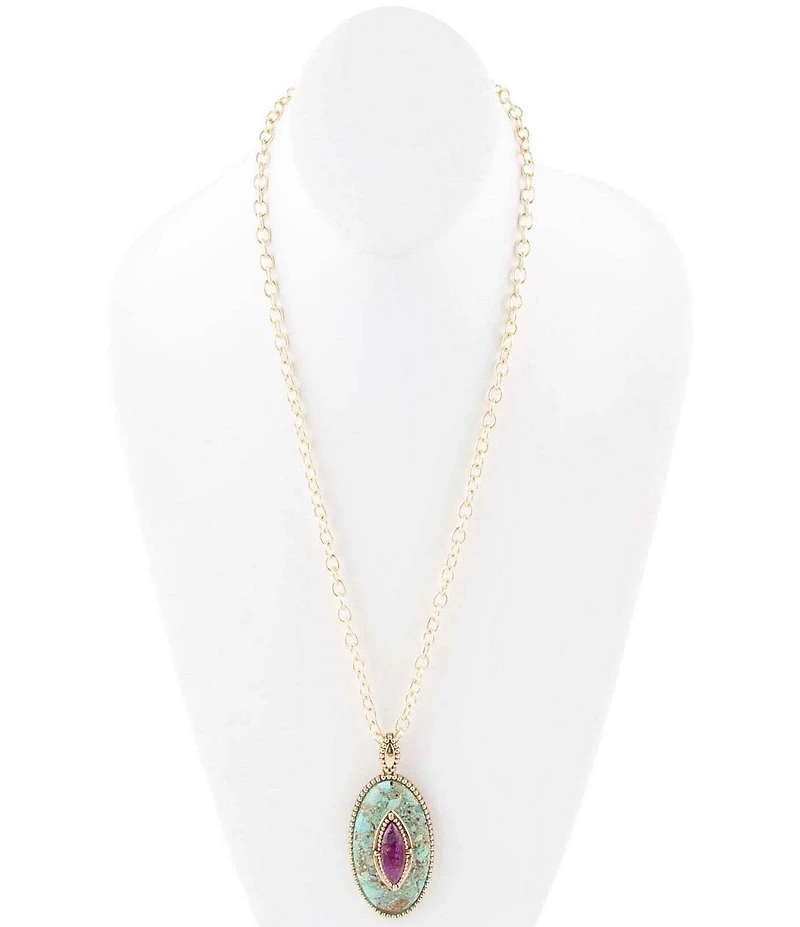 Barse Stone Blue and Purple Turquoise Golden Pendant Chain Necklace