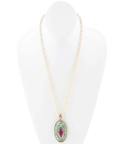 Barse Stone Blue and Purple Turquoise Golden Pendant Chain Necklace